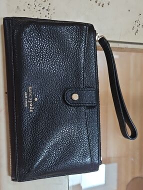 kate spade Black Pebbled Leather Wristlet with Gold Logo